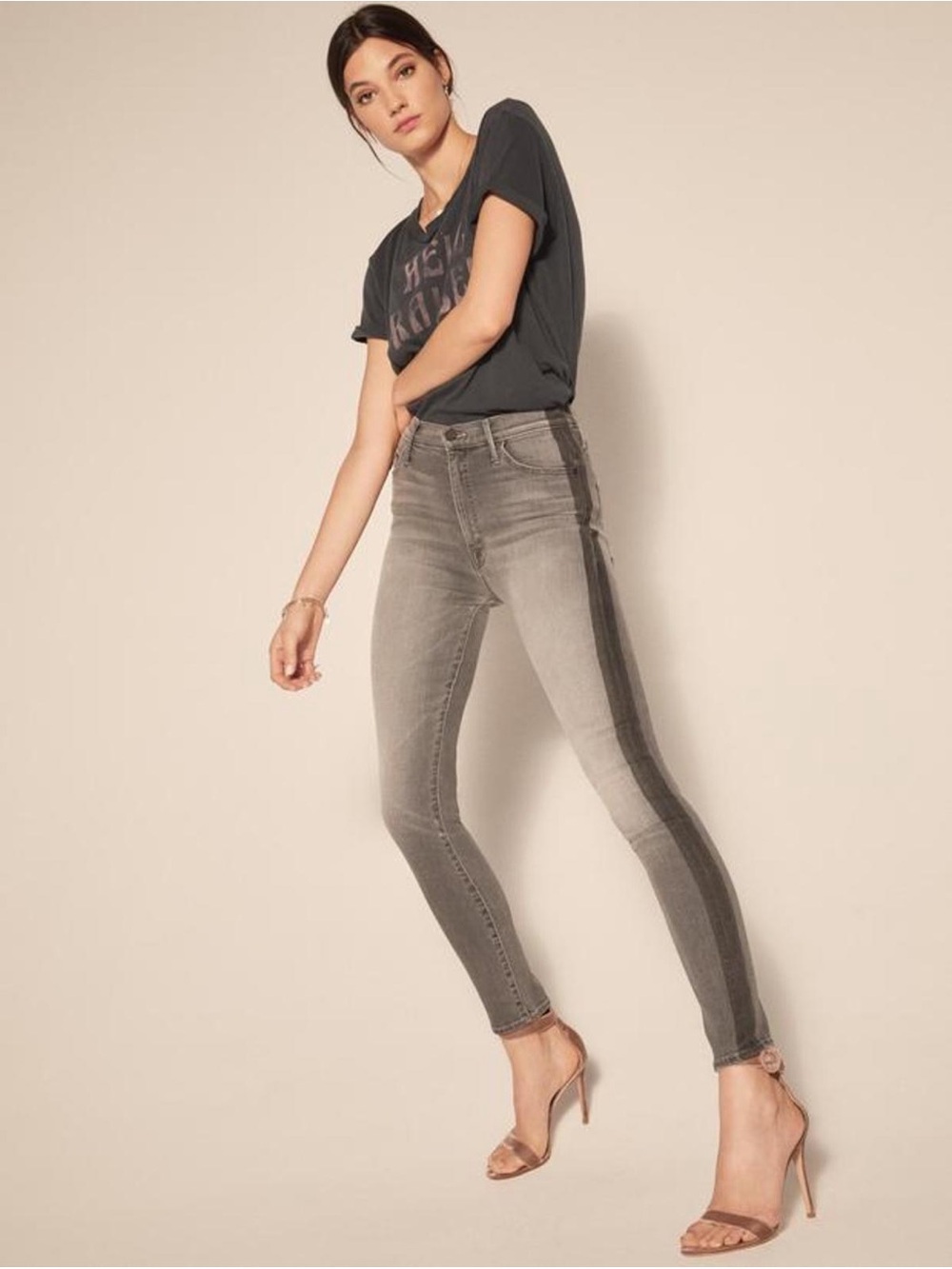 MOTHER The Swooner Supermoon Stripe Two Tone Grey Wash Side Panel Jeans 26
